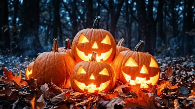 Glowing Halloween Jack-o-lanterns in Spooky Night Forest