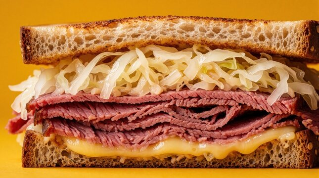 Stacked Reuben sandwich with rye bread corned beef sauerkraut and swiss cheese against yellow backdrop. Classic deli food presentation for menus and ads.