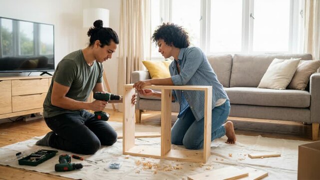 Man and woman assembling wooden furniture at home, working together on a DIY home improvement project, connectioneering.