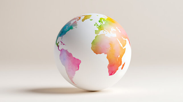 Vibrant watercolor world globe on a neutral background, symbolizing connection, diversity, and global unity concept