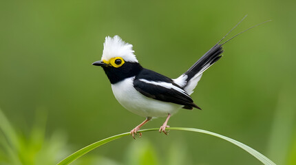 Obraz premium Small black and white crested bird perches gracefully on a thin blade of green grass.