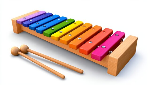 Colorful rainbow xylophone with mallets on white surface