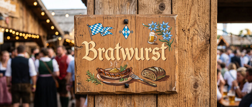 Wooden bratwurst sign at Oktoberfest beer festival with Bavarian flags, sausage, bread, flowers, and blurred visitors in traditional clothing. German food and cultural celebration concept.