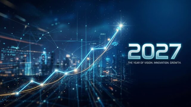 Rising digital growth chart for the year 2027. Futuristic financial trend line with data visualization on a cityscape background. Success and innovation concept.