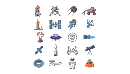 Outer Space Exploration and Astronomy Flat Line Icon Set Featuring Rocket Ships Astronauts Satellites Rovers Lunar Landers Telescopes and Futuristic Spacecraft Science Technology Graphic Symbols. © Md
