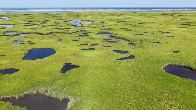A myriad of channels meander through an extensive salt marsh on the scenic coast of Cape Cod, MA. Marshes provide critical habitat for many birds, fish, and invertebrates to feed, mate, and nest.