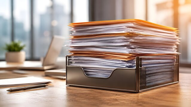 Huge stack of paperwork documents and manila folders in a metal tray on a wooden desk in a modern sunny corporate office.