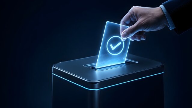 Hand inserting a glowing blue digital ballot with checkmark into a futuristic electronic voting machine representing online election and cyber democracy.