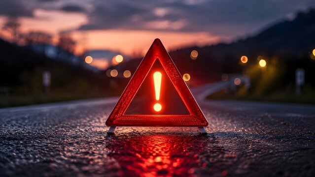 Red glowing emergency warning triangle sign placed on a wet asphalt road at dusk signaling danger and vehicle breakdown traffic hazard.