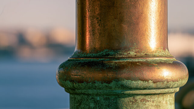 Weathered brass column base with green verdigris patina in warm harbour light