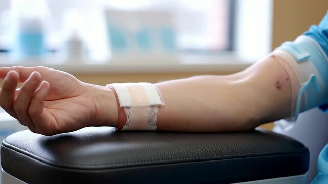 Close-Up of A Donor's Arm with Clean Bandage After Blood Donation in A Clinical Healthcare Environment