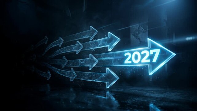 Glowing blue arrow showing year 2027 moving forward. Digital visualization of New Year progress. Futuristic technological concept for upcoming holiday celebration.