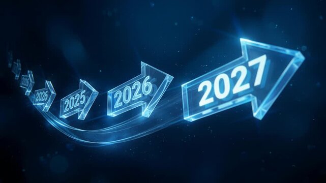 Blue glowing arrow with year 2027 flying forward in digital space. New Year celebration concept for business planning. Future progress and time travel path view.