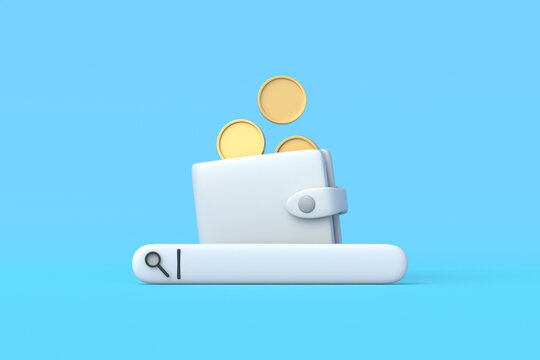 Searching for the best prices for online shopping. Finding reliable web store. Digital transformation of the financial sector. Money wallet beside a virtual search bar. 3d render