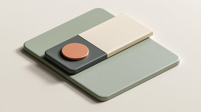 Minimalist isometric composition with green and beige rectangles and a copper circular disc