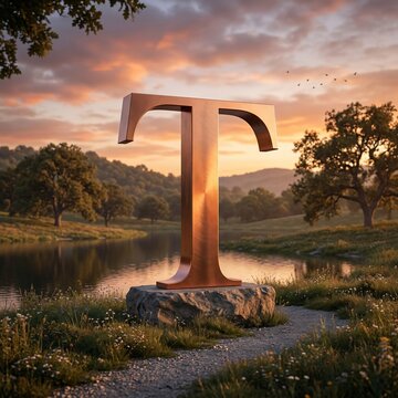 Large copper pi symbol on rock by serene lake at sunset