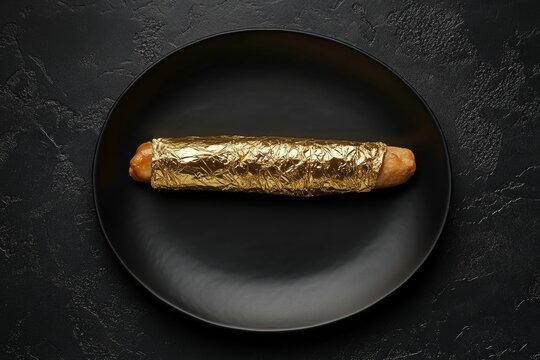 Gourmet hot dog wrapped in gold foil on black plate