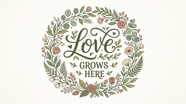 Love grows here floral wreath typography