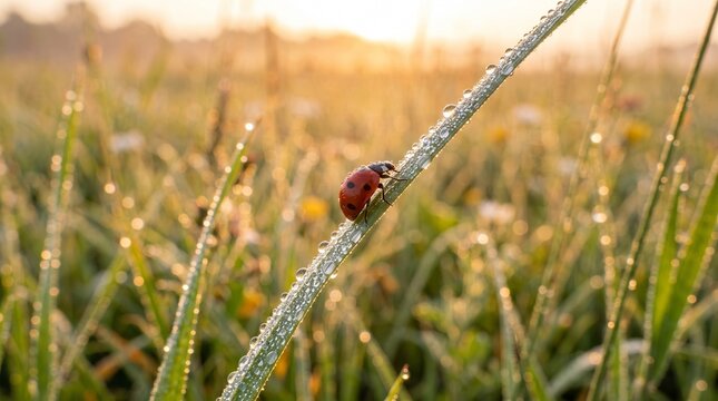 Ladybug on a grass blade with morning dew at sunrise