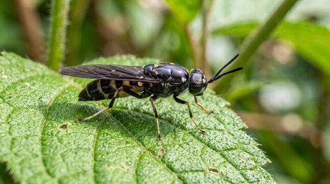 Black and yellow striped fly on green leaf macro photography