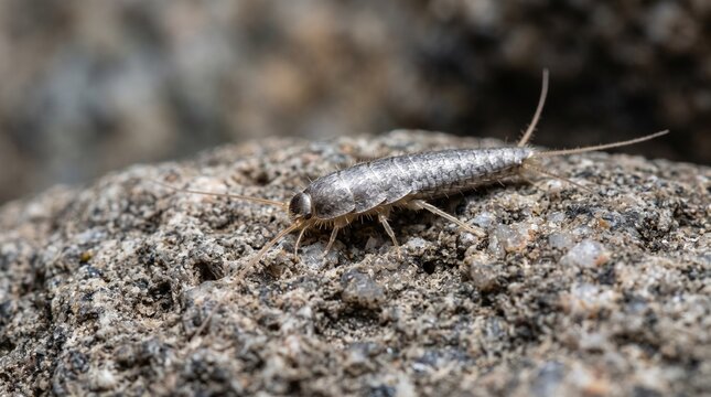 Silverfish insect on a textured stone surface macro shot