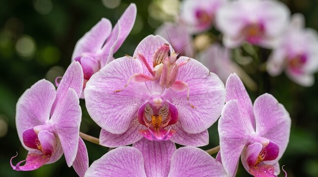 Pink orchid mantis on a blooming purple orchid flower