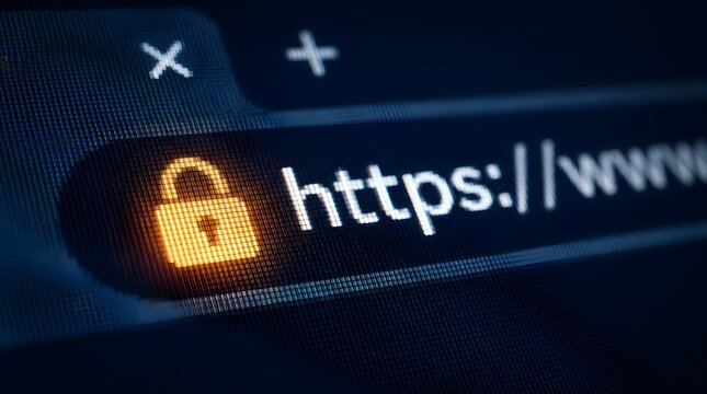 Secure https protocol on browser address bar with glowing padlock icon for internet safety