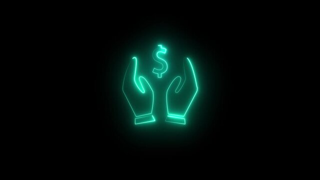 Glowing blue neon hands cradling dollar sign money growth finance symbol.glowing dollar sign icon animation, neon finance symbol loop, digital payment hand gesture motion, futuristic money
