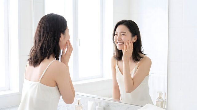 Smiling woman touching her cheek while looking in a mirror