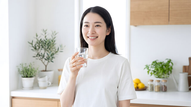 Woman drinking water at home for healthy daily hydration