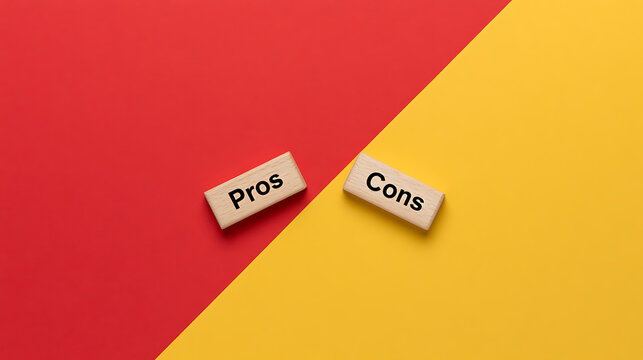 Decision Making Concept with Wooden Blocks Labeled Pros and Cons on a Vibrant Red and Yellow Background