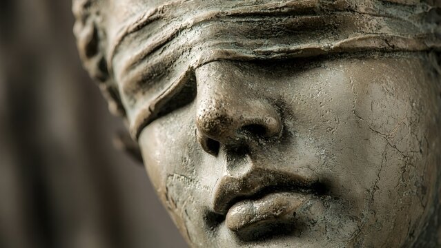 Artistic macro detail shot of lady justice stone face highlighting the blindfold texture, lips, and facial features, symbolizing blindness of law, impartiality, and judicial fairness