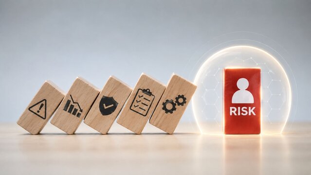 Business risk management concept with falling wooden blocks stopped by a glowing protective shield.