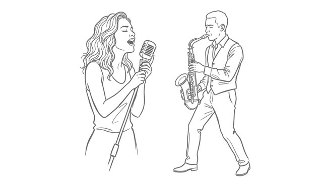Linear illustration of jazz singer and saxophone player.