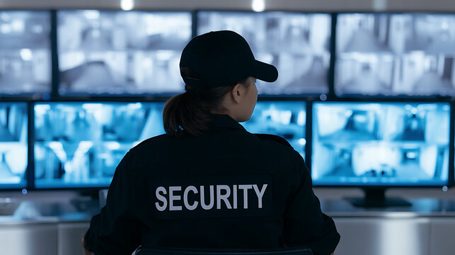 Female Security Guard Monitor Multiple Surveillance Camera Feeds for Safety and Protection in Modern Control Room