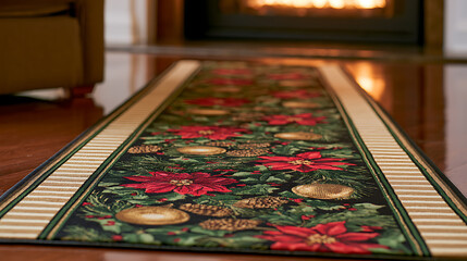 Naklejka premium Festive Floral Floor Runner with Poinsettias, Pinecones, and Holly by a Warm Fireplace in a Cozy Home