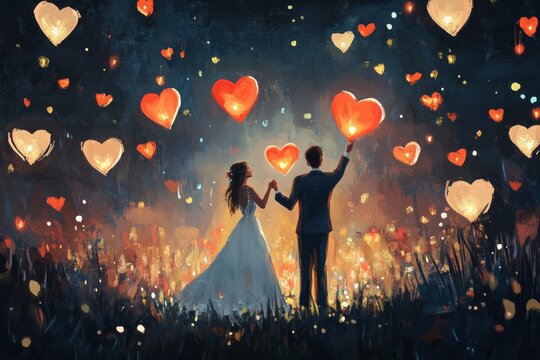 Enchanting night romance: couple with floating heart lanterns