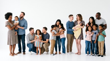 Obraz premium Diverse happy families posing together in a studio with white background