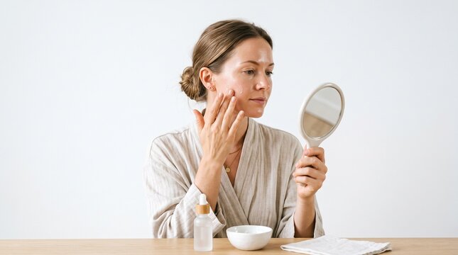 Woman applying facial serum and checking skin in mirror for skincare routine