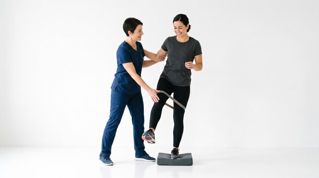 Physical therapist assists patient with leg exercise using resistance band on unstable surface