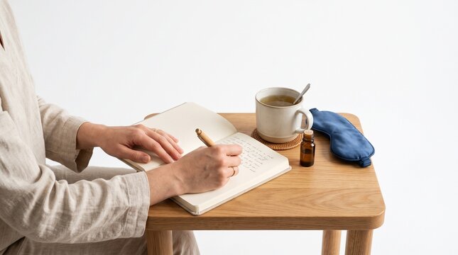 Person writing in journal with tea and sleep mask on wooden table