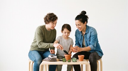 Fototapeta premium Family planting succulents together on a white background