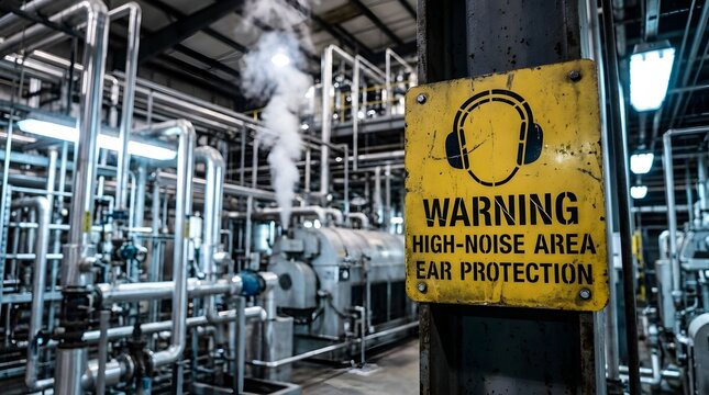 Yellow high noise area warning sign in industrial factory plant with steam and metal pipes.