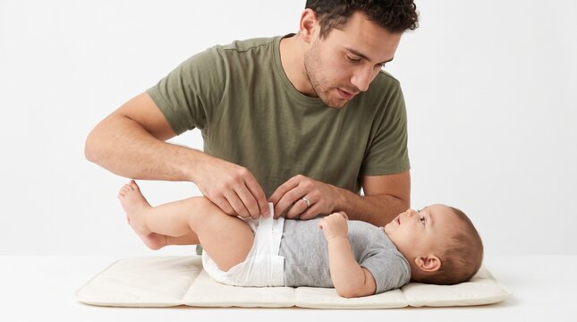 Father changing diaper of his baby boy on changing mat