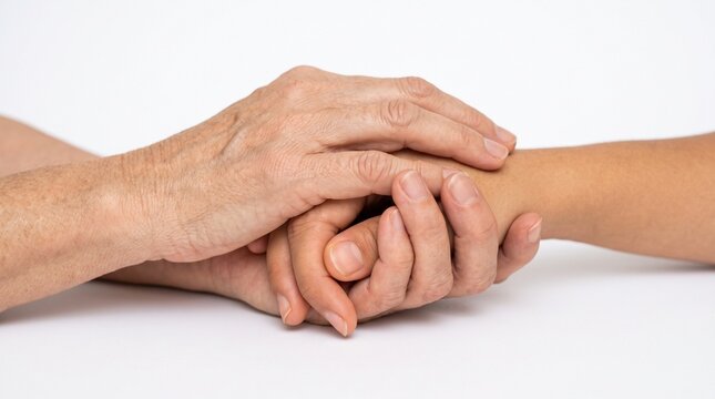 Gentle touch of an elder hand comforting a younger person's wrist