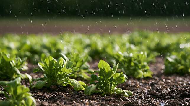 Fresh Green Plants Thrive in a Field During a Gentle Rain Shower, Nourished by Nature's Embrace for Growth