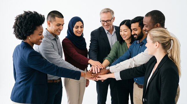 Diverse group of professionals stacking hands in unity and teamwork