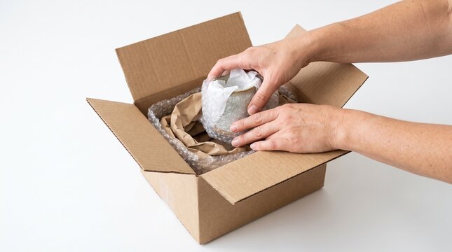 Hands carefully packing a fragile item in bubble wrap inside a cardboard box
