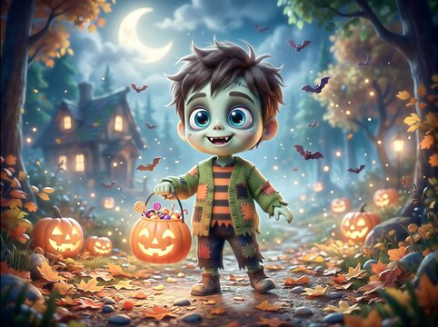 Cute Zombie Boy Trick or Treating with Pumpkin Candy Bucket on Halloween Night