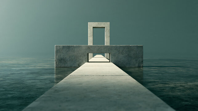 A concrete structure with a rectangular archway and a long path extending over dark water under a moody overcast sky in a minimalist scene